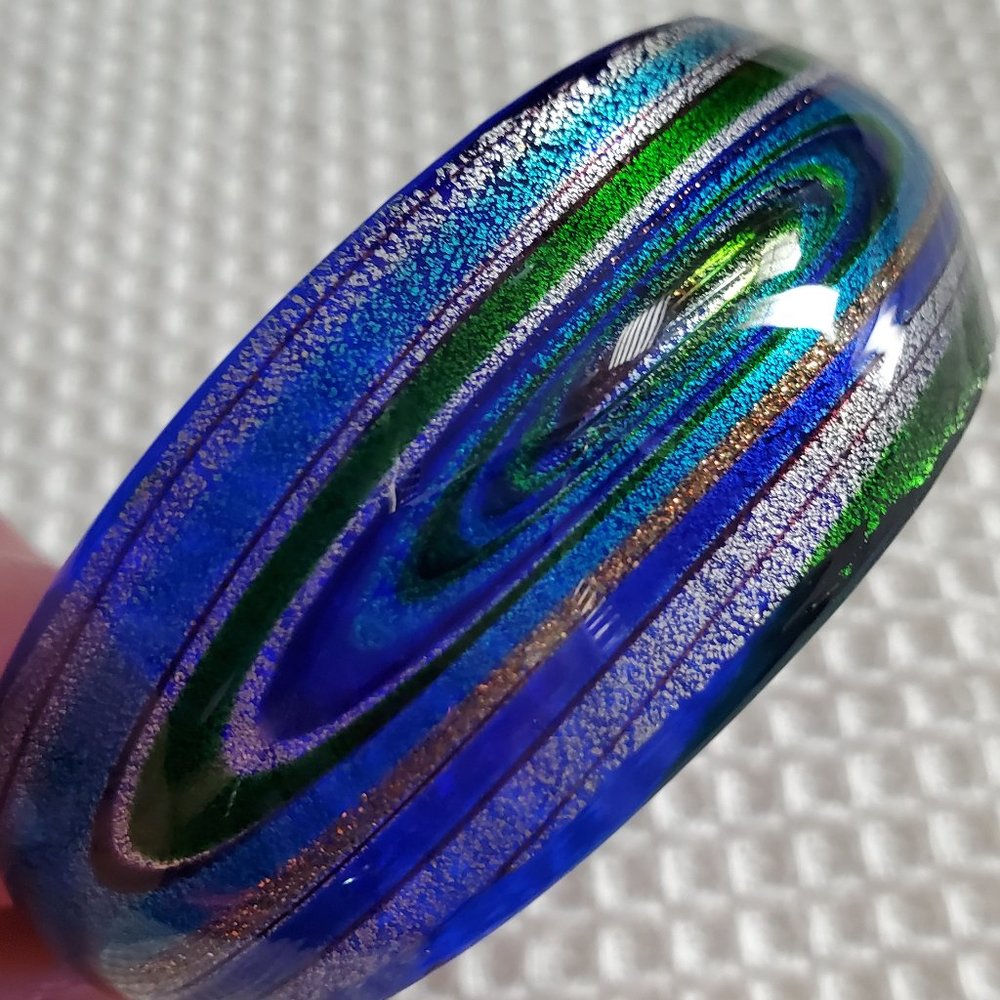 Dichroic Glass Cuff Bangle Cobalt Blue Green Metallics Shimmery Milky Way Swirls
